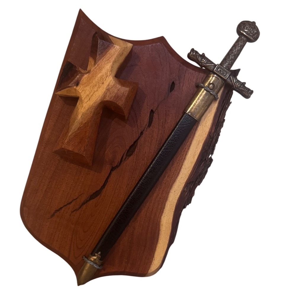 Handmade Live Edge Wood Shield Carved Cross & Replica Sword Letter Opener Gothic - Picture 2 of 10